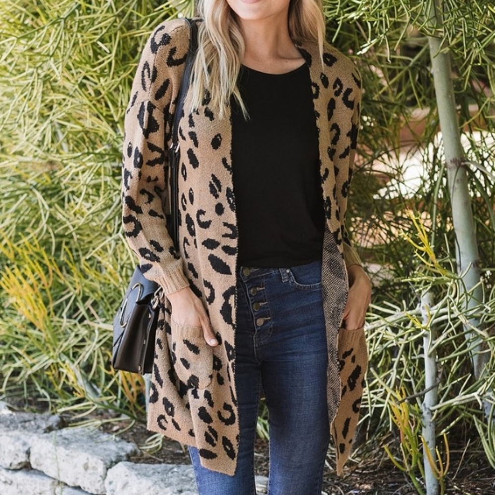Brown Leopard Pocket Open Cardigan